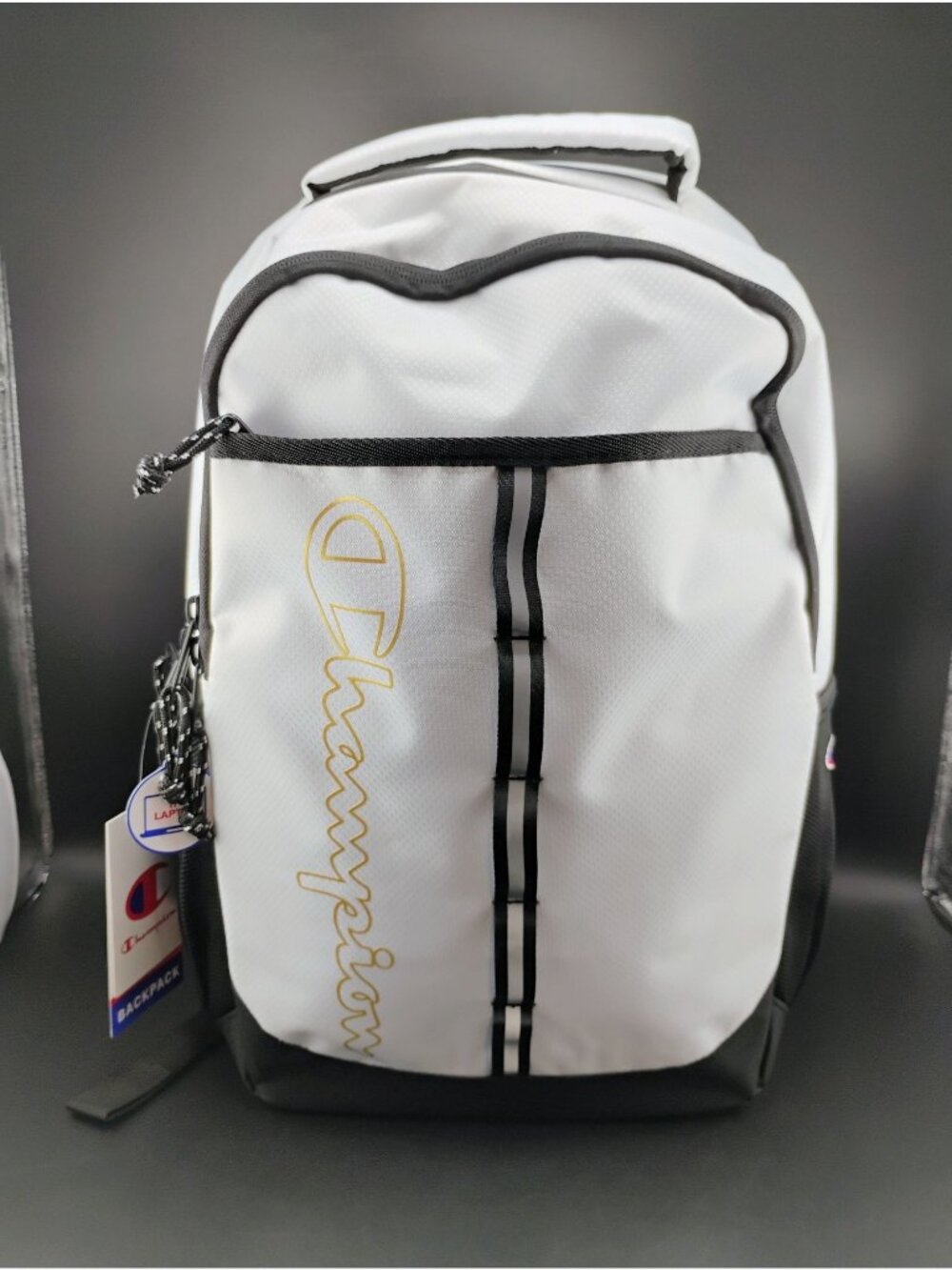 Champion White & Black Backpack With Gold Lettering Durable